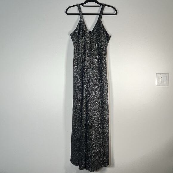 90s Long Sleek Sparkly Formal Dress Gown Bodycon Starry M/L Slip V Neck Romantic - Picture 2 of 10
